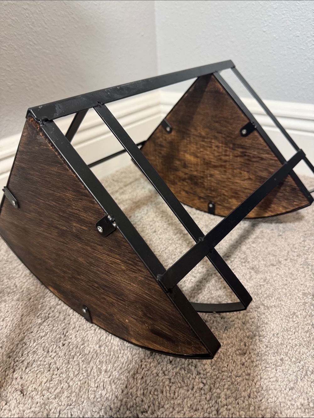 Two-Tier Corner Shelf with Black Metal Frame and Wood Tones - Picture 4 of 6